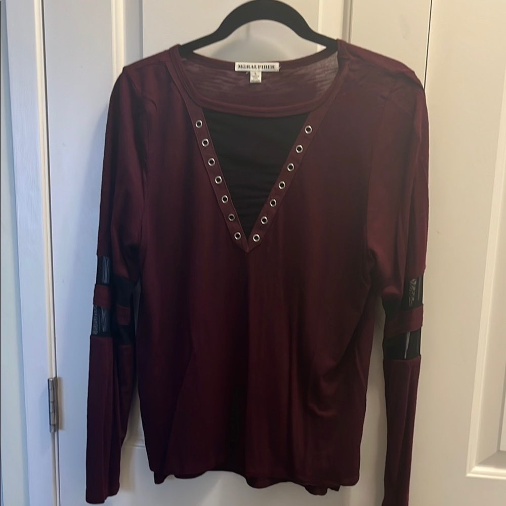 Moral Fiber Red Long Sleeve Embellished Cut Out Blouse